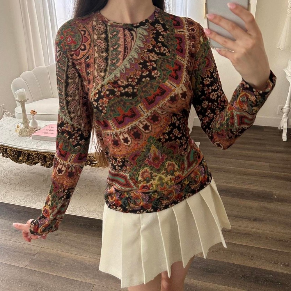 Etro Lana Wool Rainbow Paisley Long Sleeve Top